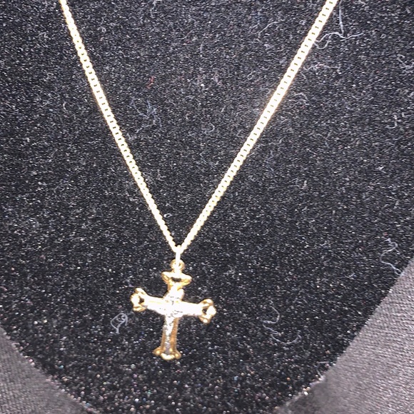 925 Silver gold plated Thin Cuban With Cross - Picture 1 of 5